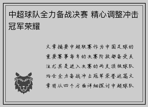 中超球队全力备战决赛 精心调整冲击冠军荣耀
