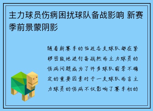主力球员伤病困扰球队备战影响 新赛季前景蒙阴影