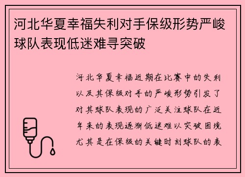 河北华夏幸福失利对手保级形势严峻球队表现低迷难寻突破