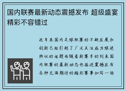 国内联赛最新动态震撼发布 超级盛宴精彩不容错过